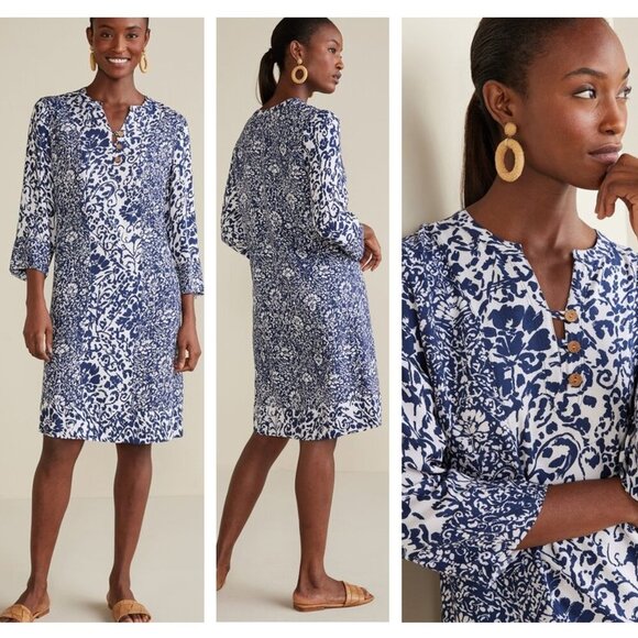 Soft Surroundings Navy White Contrasting Print Knee Length Dress 37218 - Picture 1 of 10